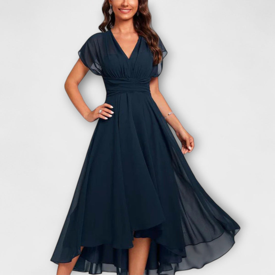 NADEESHA LONG FLORAL V-NECK DRESS