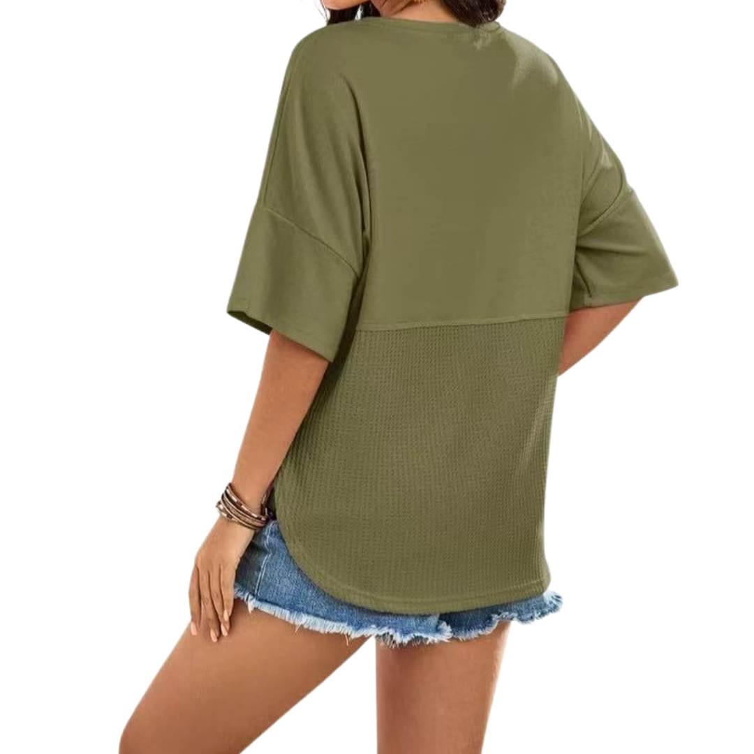 FRANKIE RELAXED WAFFLE KNIT BUTTON BLOUSE