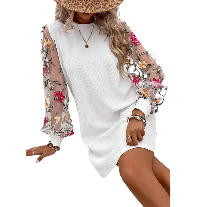 LUCY FLORAL EMBROIDERED SHEER SLEEVE DRESS