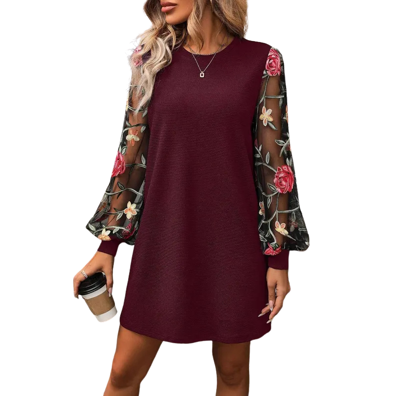 LUCY FLORAL EMBROIDERED SHEER SLEEVE DRESS