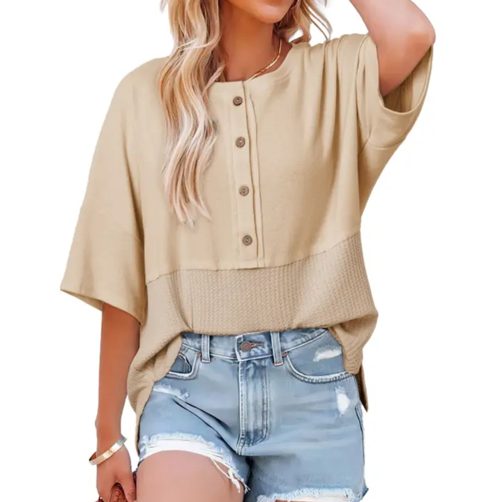 FRANKIE RELAXED WAFFLE KNIT BUTTON BLOUSE