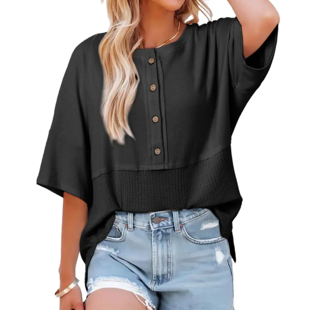FRANKIE RELAXED WAFFLE KNIT BUTTON BLOUSE