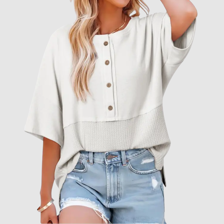FRANKIE RELAXED WAFFLE KNIT BUTTON BLOUSE