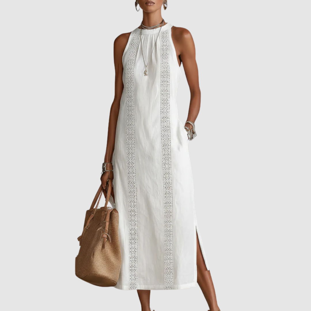 DEVINDI LINEN MIDI DRESS WITH SIDE SLIT