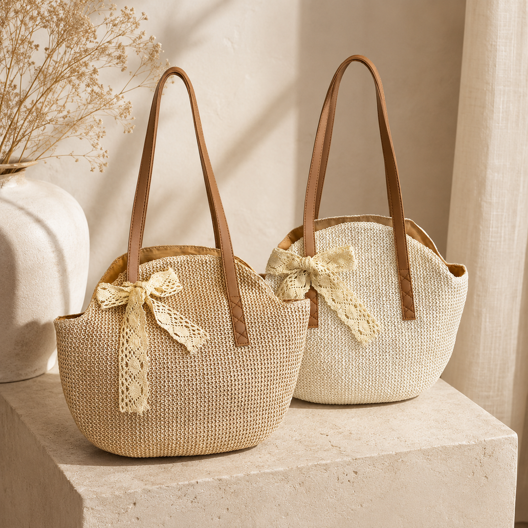 SIENNA | ROUND STRAW BEACH TOTE BAG