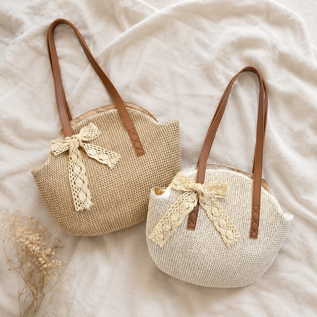 SIENNA | ROUND STRAW BEACH TOTE BAG