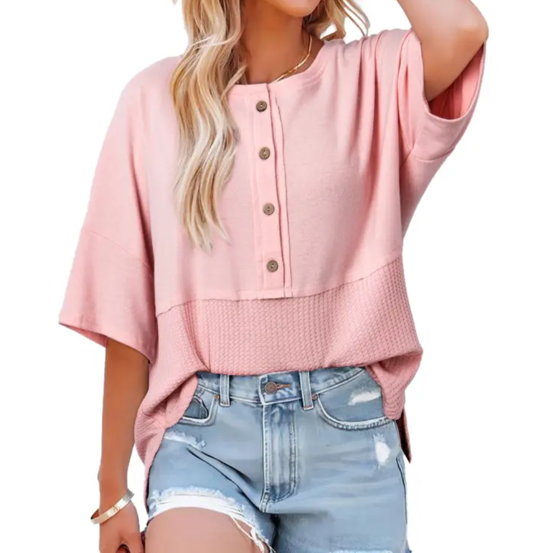 FRANKIE RELAXED WAFFLE KNIT BUTTON BLOUSE
