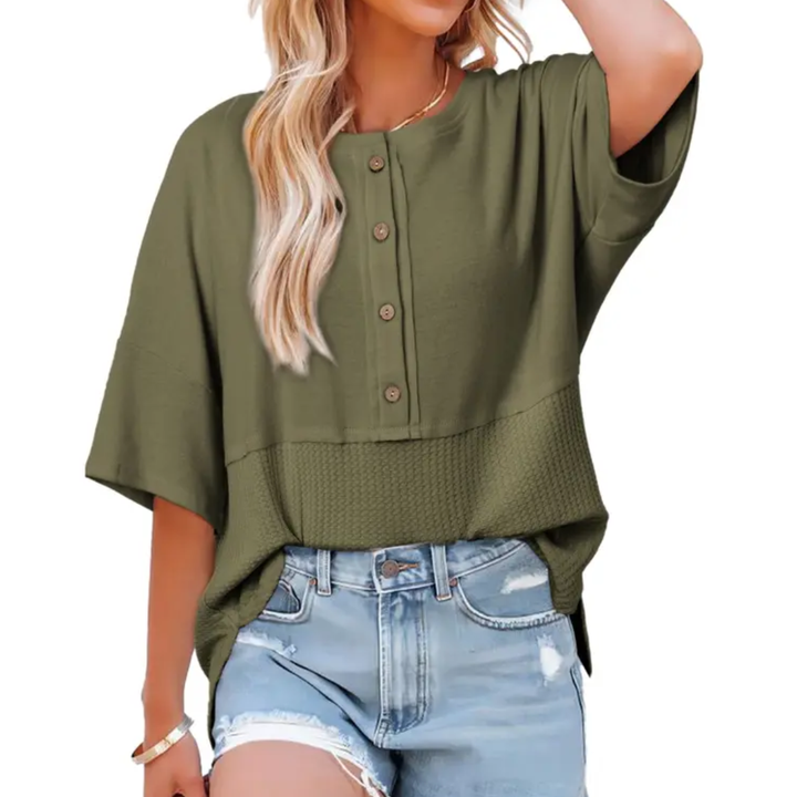 FRANKIE RELAXED WAFFLE KNIT BUTTON BLOUSE
