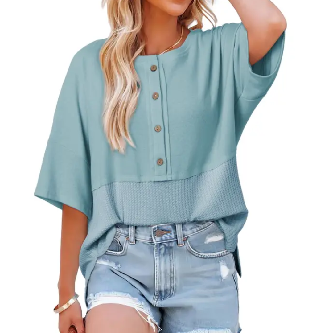 FRANKIE RELAXED WAFFLE KNIT BUTTON BLOUSE