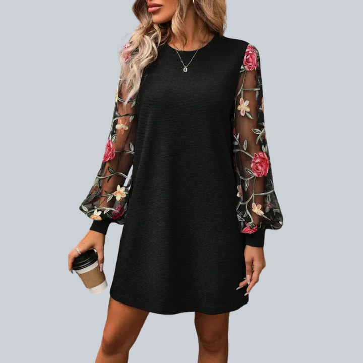 LUCY FLORAL EMBROIDERED SHEER SLEEVE DRESS