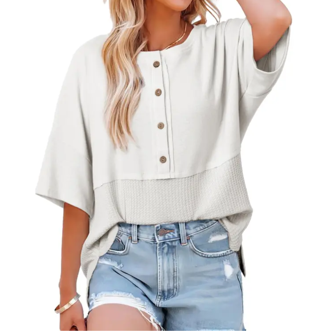 FRANKIE RELAXED WAFFLE KNIT BUTTON BLOUSE