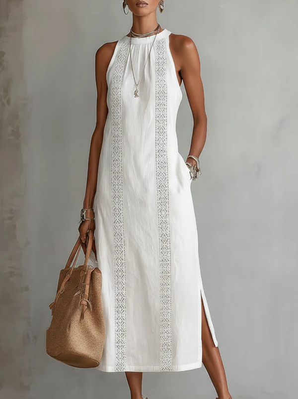 DEVINDI LINEN MIDI DRESS WITH SIDE SLIT