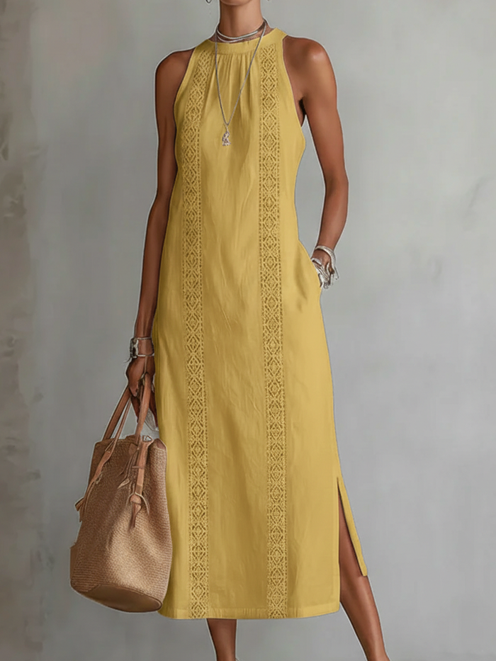 DEVINDI LINEN MIDI DRESS WITH SIDE SLIT