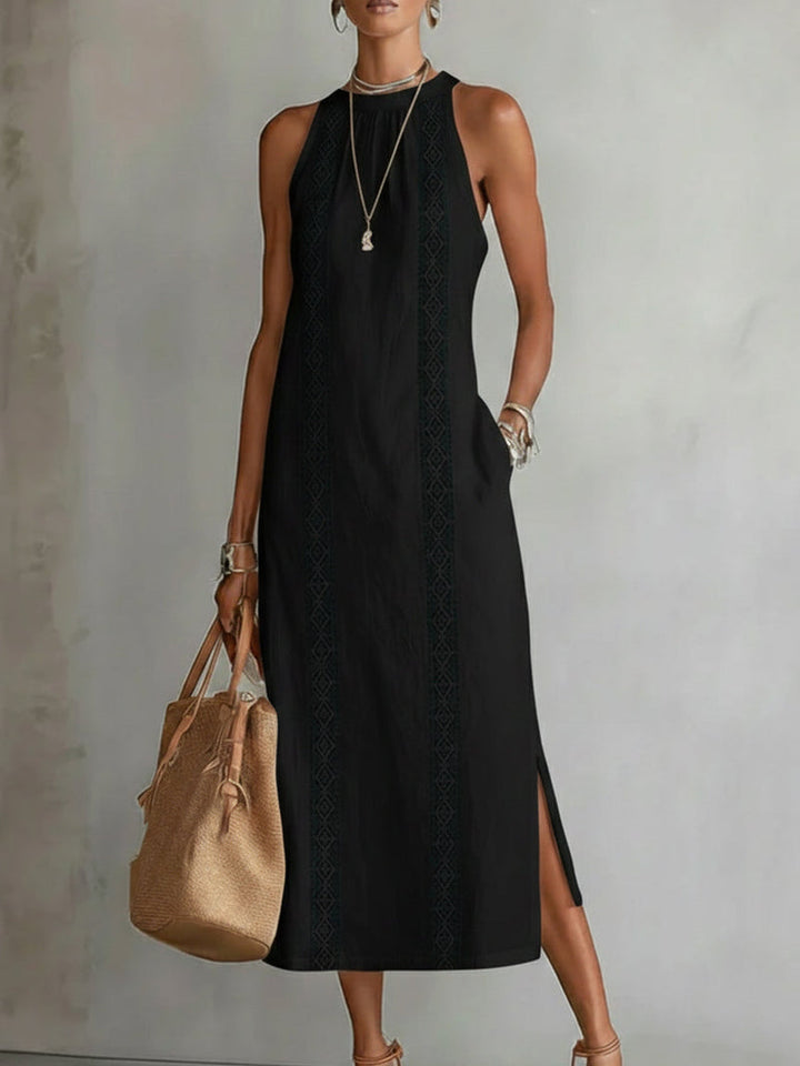 DEVINDI LINEN MIDI DRESS WITH SIDE SLIT