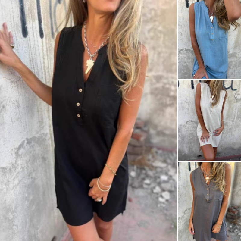 ELIRA SLEEVELESS V-NECK BUTTON DRESS