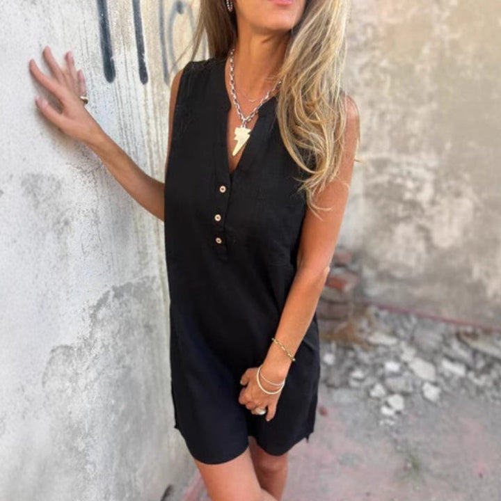 ELIRA SLEEVELESS V-NECK BUTTON DRESS