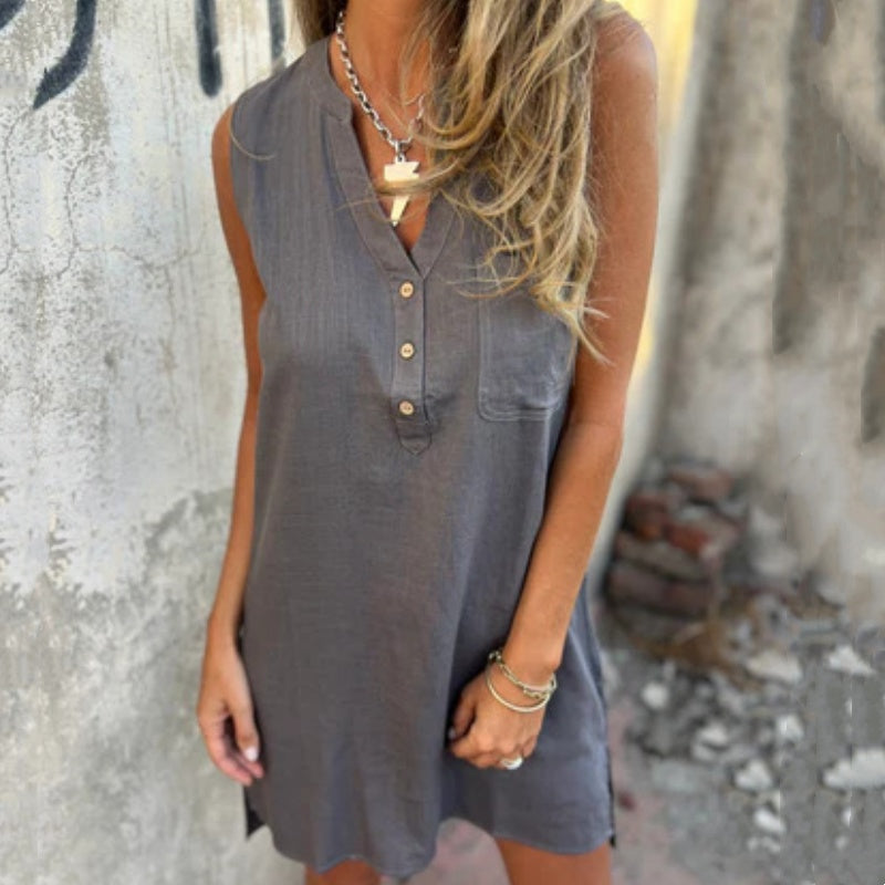 ELIRA SLEEVELESS V-NECK BUTTON DRESS