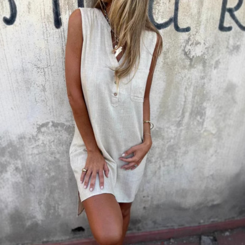 ELIRA SLEEVELESS V-NECK BUTTON DRESS