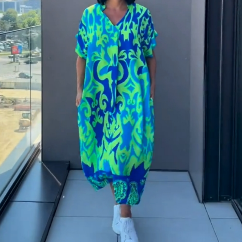 AURORA ELEGANT PRINTED V-NECK DRESS