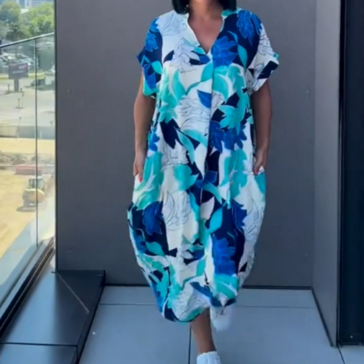 ELVIRA PRINTED V-NECK MIDI DRESS
