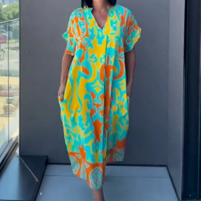 ELVIRA PRINTED V-NECK MIDI DRESS