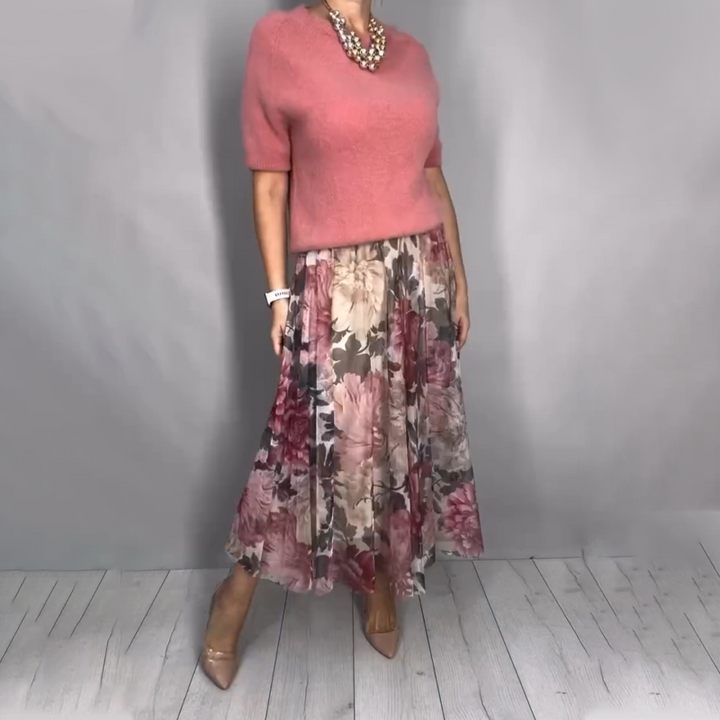 NIROSHA FLORAL KNIT TOP & MIDI SKIRT SET