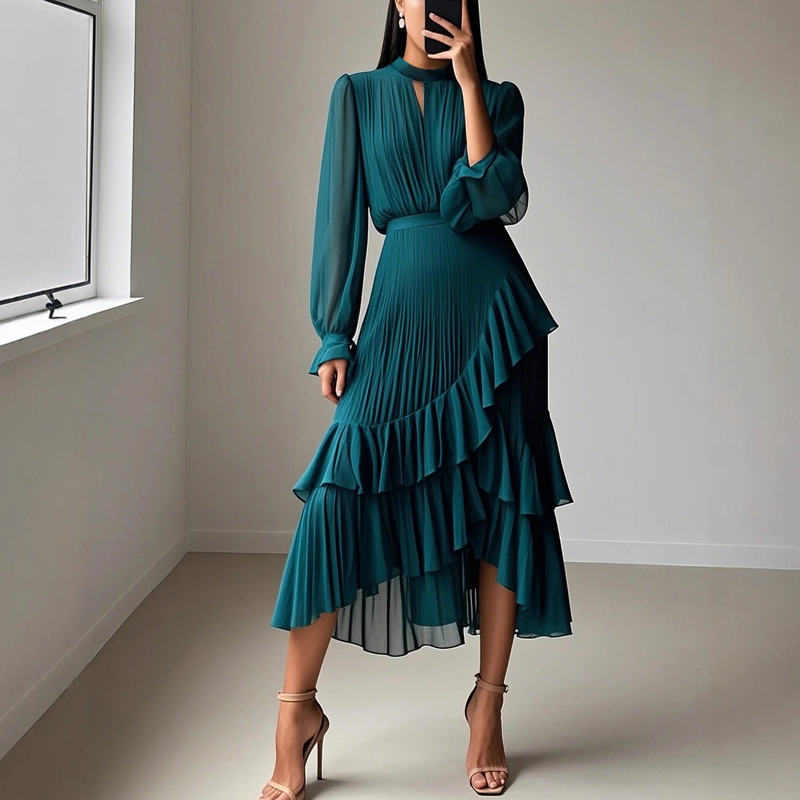 DARYNA RUFFLE PLEATED MIDI DRESS