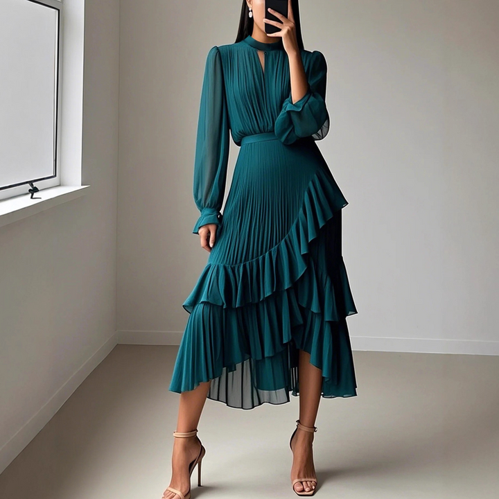 DARYNA RUFFLE PLEATED MIDI DRESS